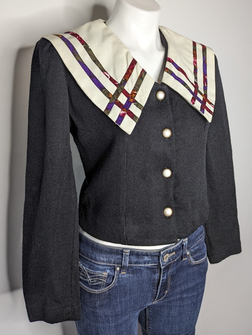 Vintage Raoul Black Statement Collar V Neck Button Up Cardigan Sweater 8 - Picture 4 of 8